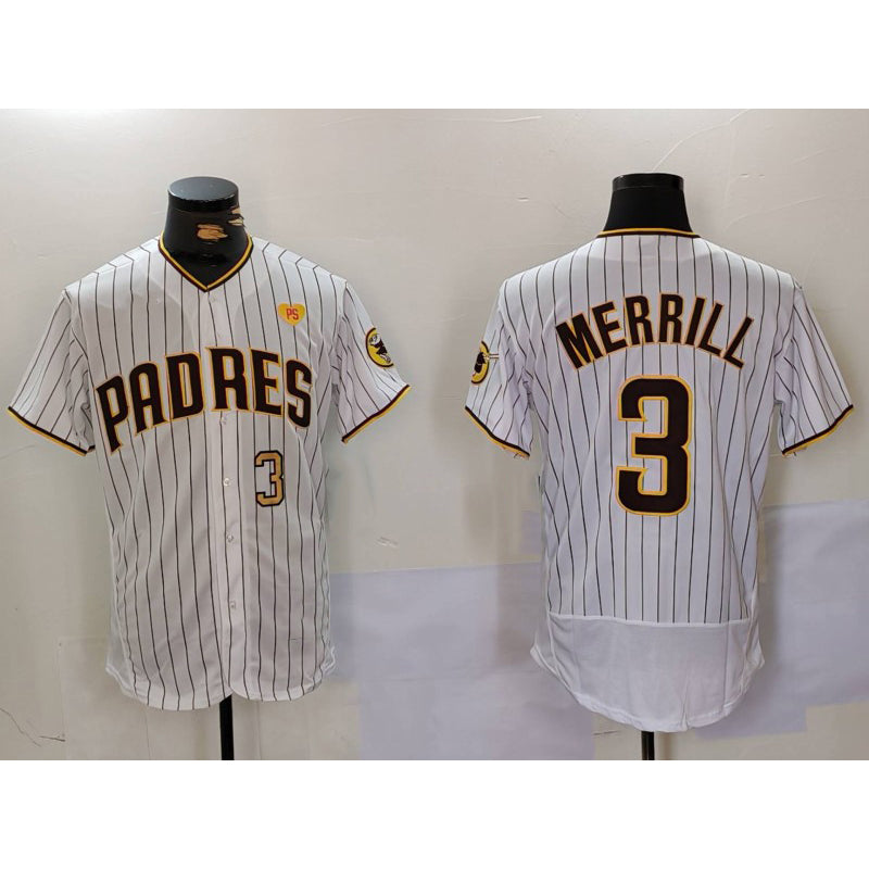 San Diego Padres #3 Jackson Merrill White Jermy With PS Patch Stitched Flex Base Jerseys