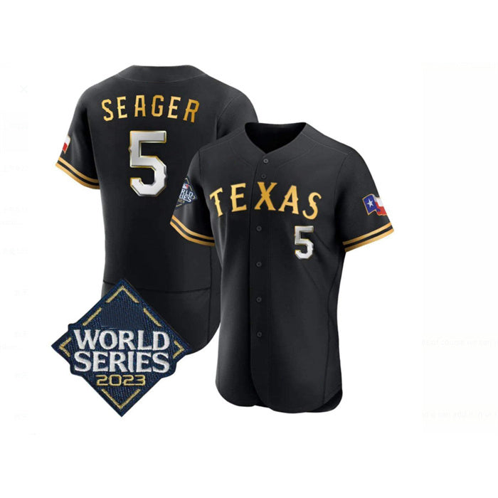 Texas Rangers #5 Corey Seager Black Gold Jermy 2023 World Series Flex Base Stitched Jersey