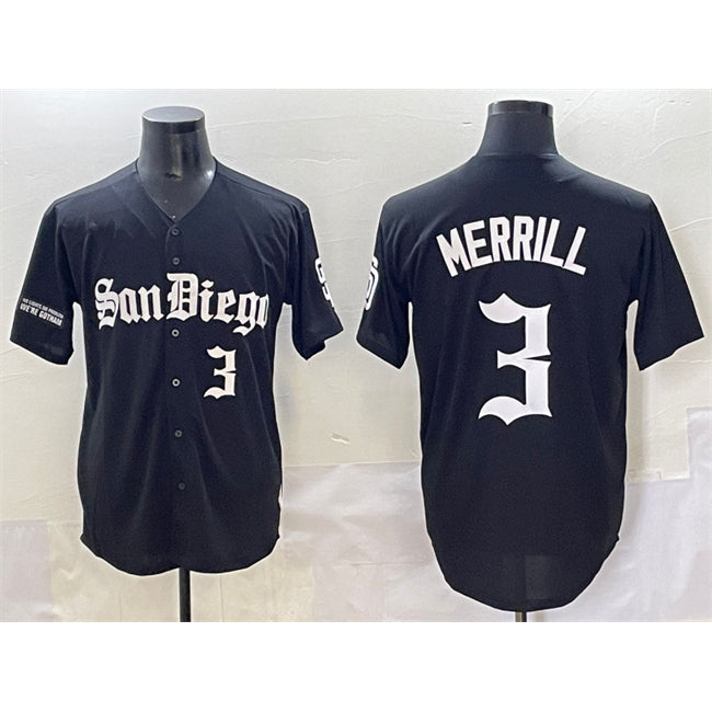 San Diego Padres #3 Jackson Merrill Black Jermy Gothic Edition Vapor Limited Stitched Jersey