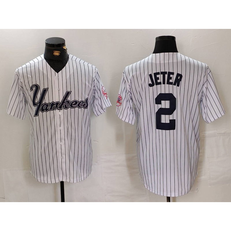 New York Yankees #2 Derek Jeter White Jermy Pinstripe Fashion Cool Base Jersey 3