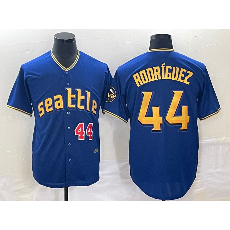 Seattle Mariners #44 Julio Rodriguez Number Blue Jermy 2023 City Connect Cool Base Stitched Jersey 1