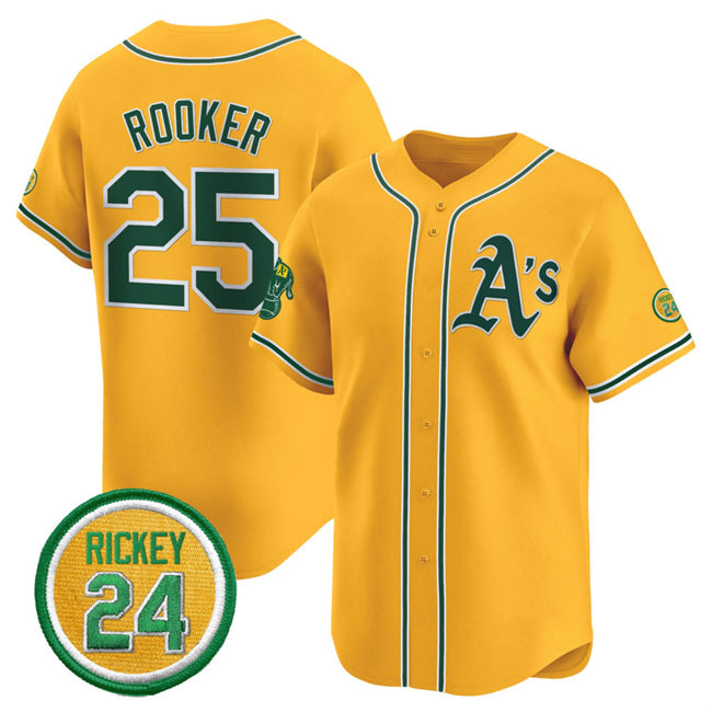 Oakland Athletics #25 Brent Rooker Yellow Jermy 2024 Limited With Rickey Henderson Patch Stitched Jersey