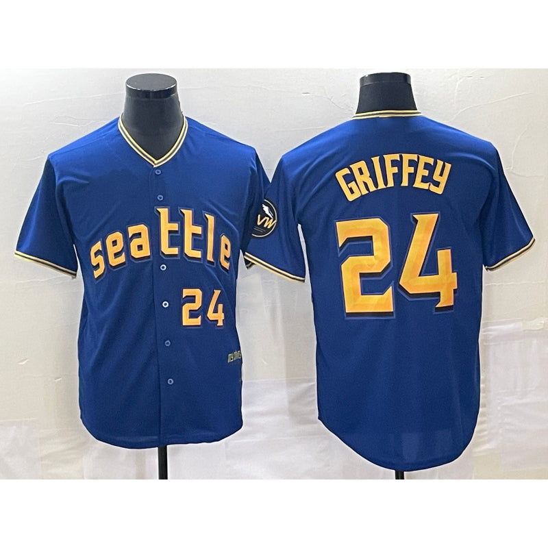 Seattle Mariners #24 Ken Griffey Number Blue Jermy 2023 City Connect Cool Base Stitched Jersey 2