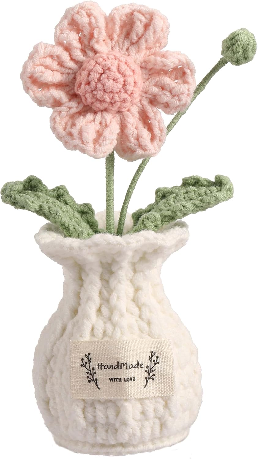 Daisy Crochet Flower Potted Plant – Pink, Handmade Knitted Desk Decor