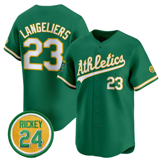 Oakland Athletics #23 Shea Langeliers Green Jermy 2024 Limited With Rickey Henderson Patch Stitched Jersey