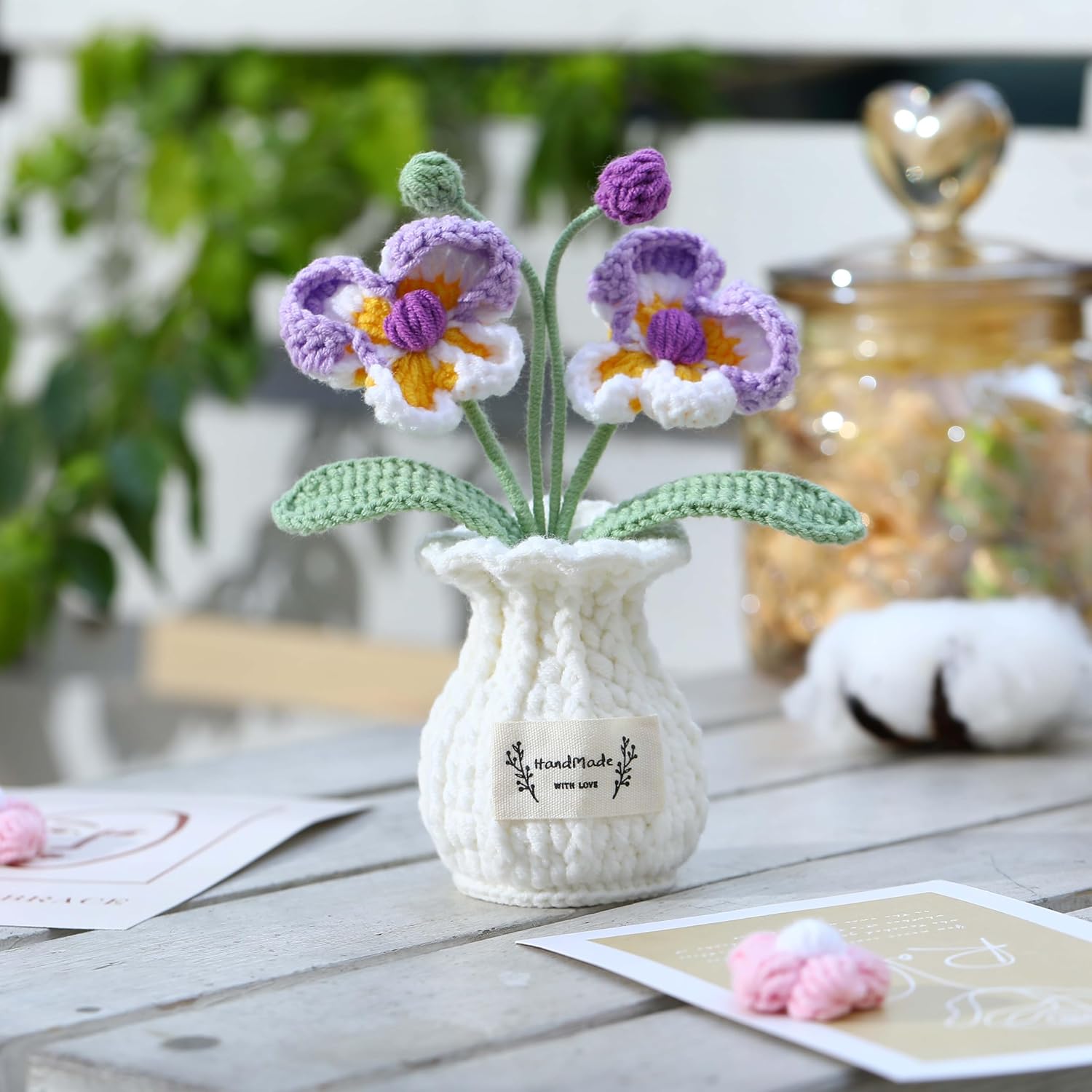 Orchid Crochet Flower Pot Purple Handmade Knitted Phalaenopsis Desk Decor for Home Office