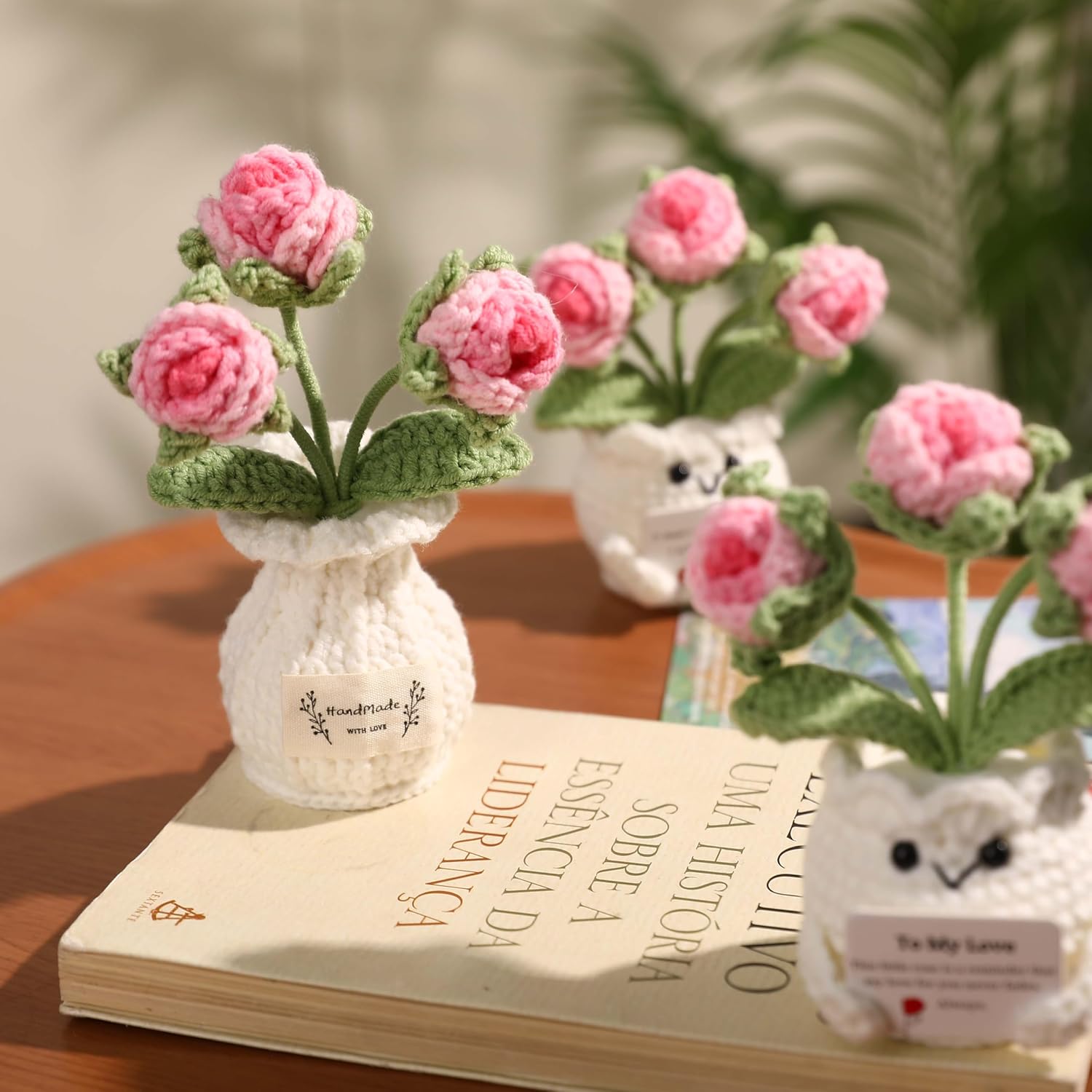 Crochet Rose Flower Potted Plant – Pink, for Her, Handmade Knitted Romantic Desk Decor
