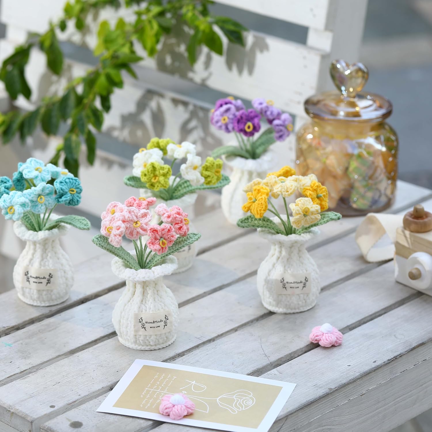 Forget-Me-Not Crochet Flower Potted Plant – Handmade Desk Decor, 7 Bloom Crochet Flowers in Fresh Green Shades