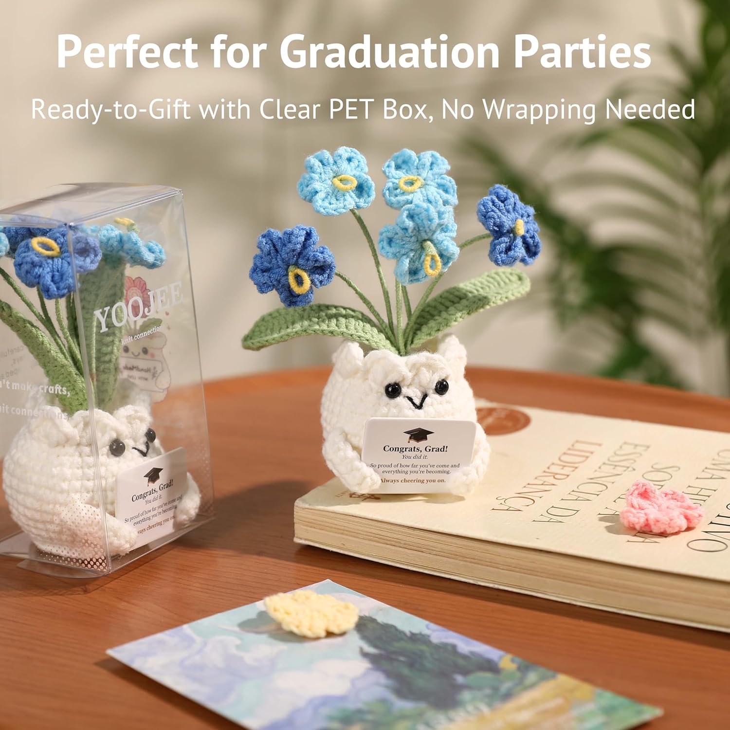 Crochet Forget Me Not Graduation Gift – Class of 2026 Blue Flowers with Card “Congrats, Grad! You Did It.”, Meaningful Gift for Student, Senior, Keepsake Desk Decor