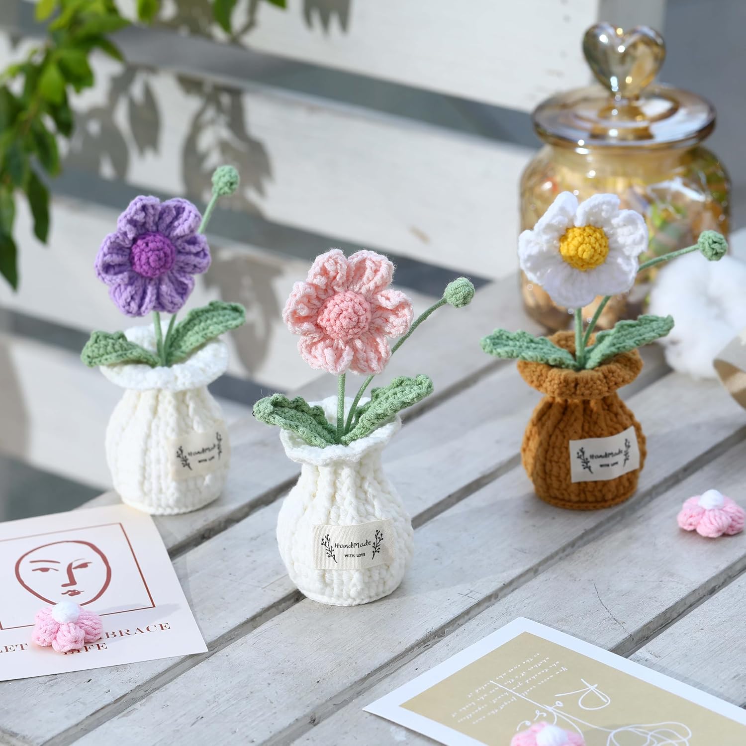 Daisy Crochet Flower Potted Plant – Pink, Handmade Knitted Desk Decor
