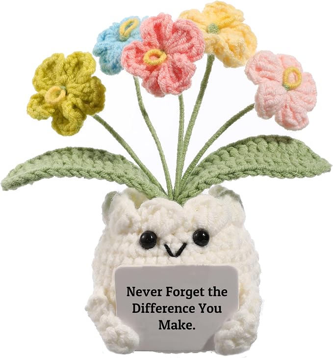 Forget-Me-Not Crochet Flower Potted Plant Gift | Difference You Make Gift, PET Display Box, Teacher Appreciation, Coworker, Employee, Thank You Gift, Handmade Desk Decor