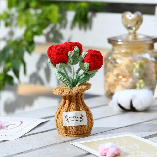 Crochet Rose Flower Potted Plant – Red, Valentines Day Gift for Her, Handmade Knitted Romantic Desk Decor