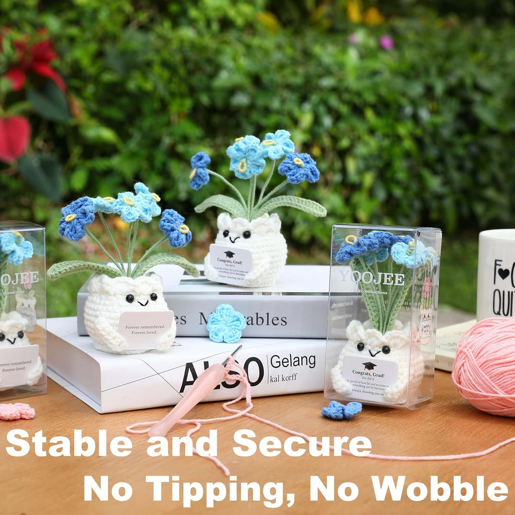 Crochet Forget Me Not Graduation Gift – Class of 2026 Blue Flowers with Card “Congrats, Grad! You Did It.”, Meaningful Gift for Student, Senior, Keepsake Desk Decor