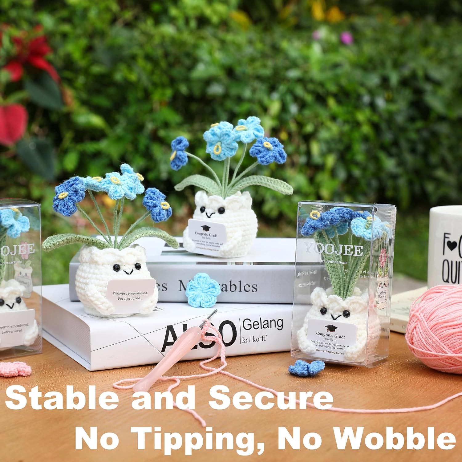 Crochet Forget Me Not Graduation Gift – Class of 2026 Blue Flowers with Card “Congrats, Grad! You Did It.”, Meaningful Gift for Student, Senior, Keepsake Desk Decor
