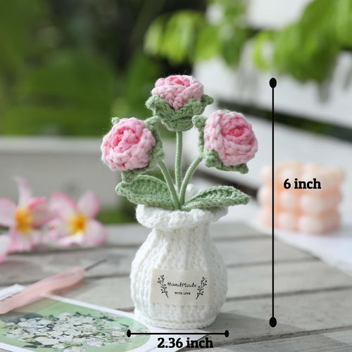 Crochet Rose Flower Potted Plant – Pink, for Her, Handmade Knitted Romantic Desk Decor