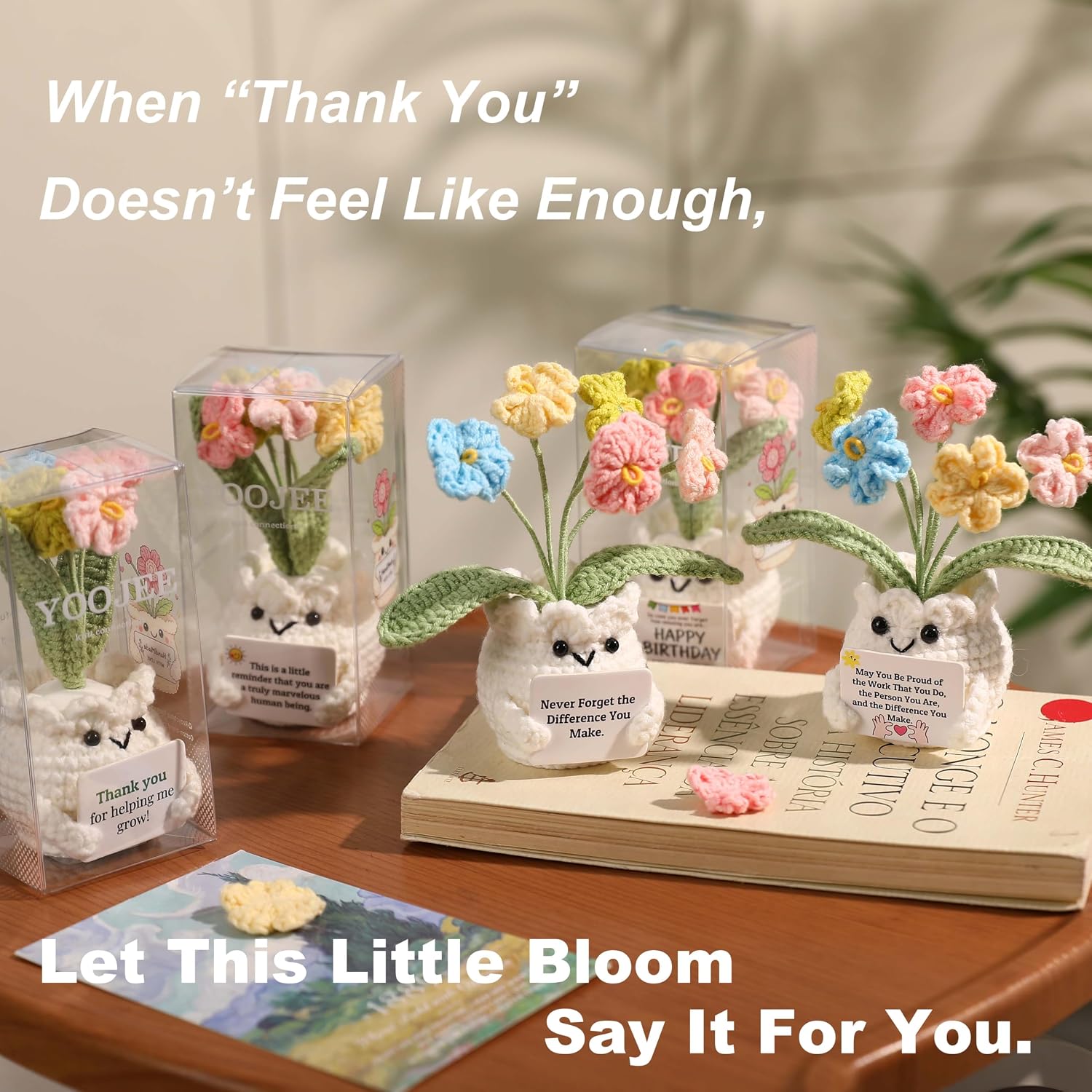 Forget-Me-Not Crochet Flower Potted Plant Gift | Difference You Make Gift, PET Display Box, Teacher Appreciation, Coworker, Employee, Thank You Gift, Handmade Desk Decor