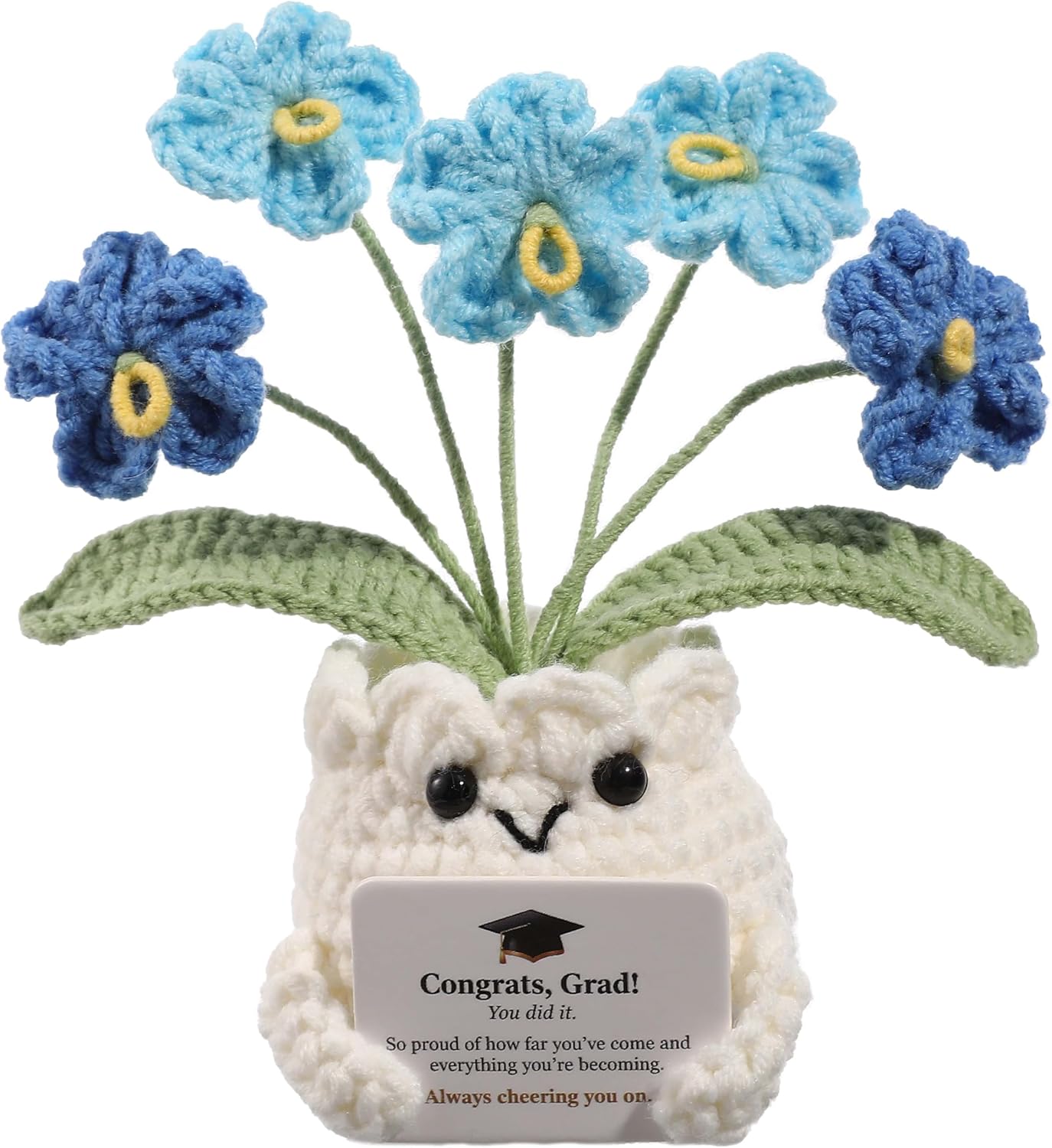 Crochet Forget Me Not Graduation Gift – Class of 2026 Blue Flowers with Card “Congrats, Grad! You Did It.”, Meaningful Gift for Student, Senior, Keepsake Desk Decor