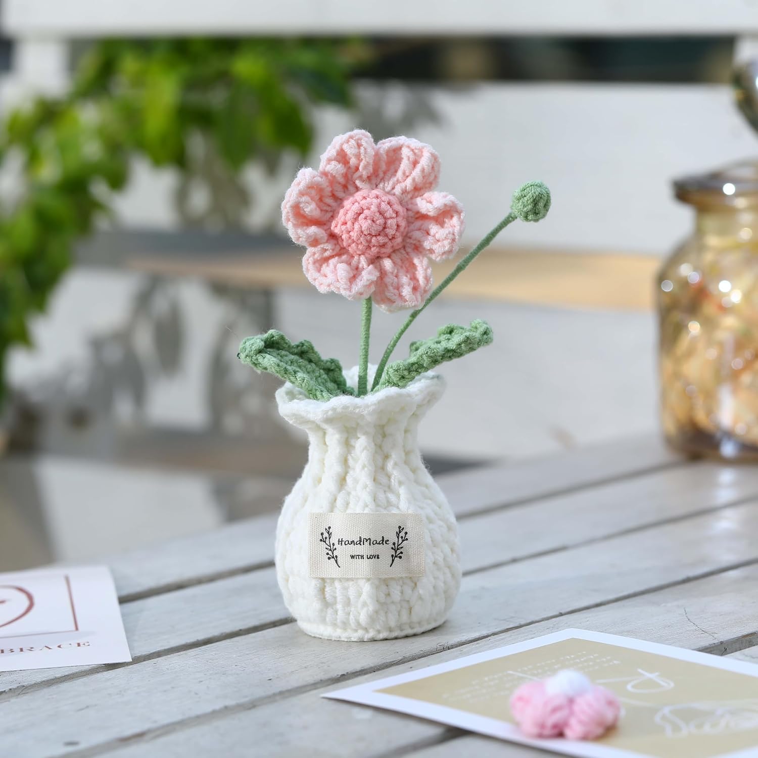 Daisy Crochet Flower Potted Plant – Pink, Handmade Knitted Desk Decor