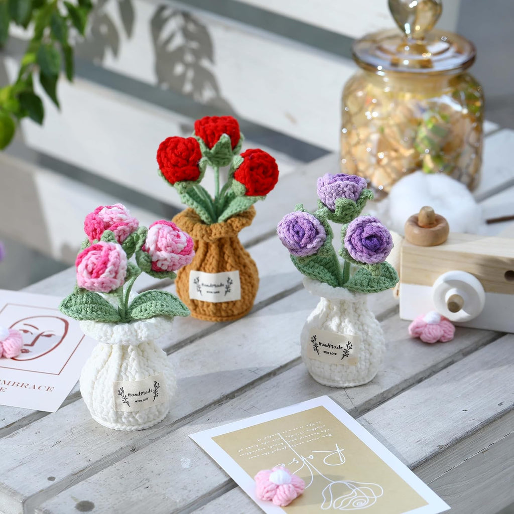 Crochet Rose Flower Potted Plant – Red, Valentines Day Gift for Her, Handmade Knitted Romantic Desk Decor