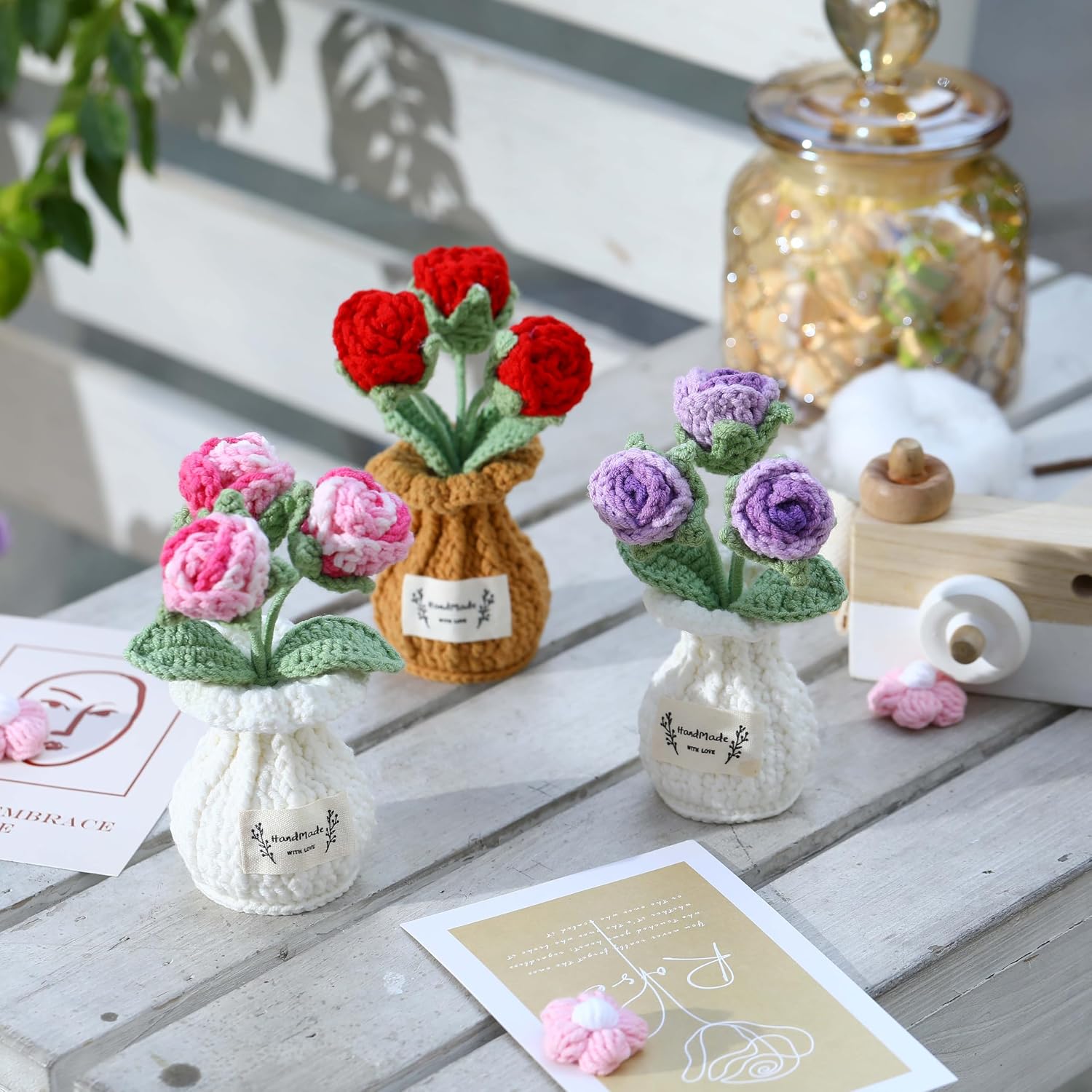 Crochet Rose Flower Potted Plant – Red, Valentines Day Gift for Her, Handmade Knitted Romantic Desk Decor
