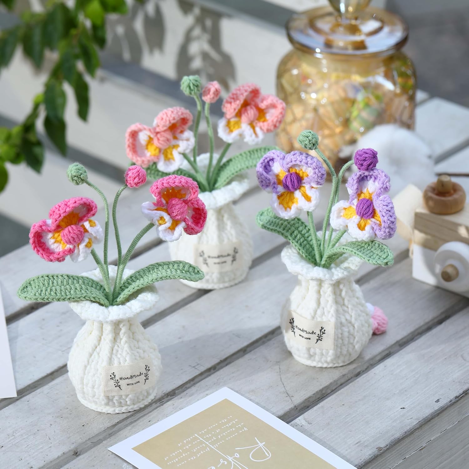 Orchid Crochet Flower Pot Purple Handmade Knitted Phalaenopsis Desk Decor for Home Office