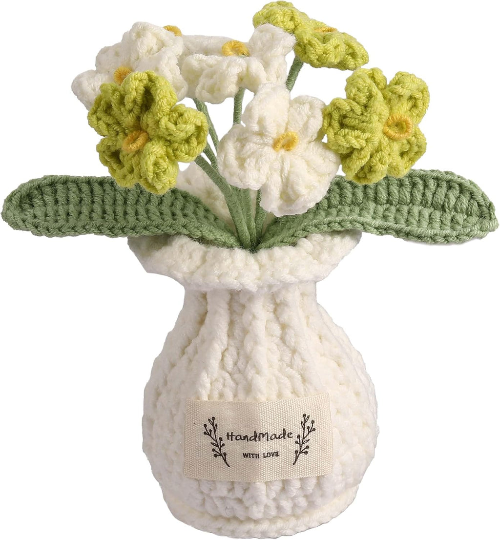 Forget-Me-Not Crochet Flower Potted Plant – Handmade Desk Decor, 7 Bloom Crochet Flowers in Fresh Green Shades