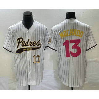 San Diego Padres #13 Manny Machado Number White Jermy Pinstripe 2023 City Connect Cool Base Stitched Jersey