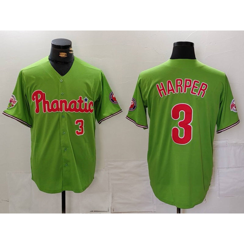 Philadelphia Phillies #3 Bryce Harper Number Green Jermy With Patch Stitched Cool Base Jersey