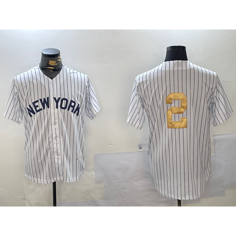 New York Yankees #2 Derek Jeter White Jermy Pinstripe Without Name Fashion Cool Base Jersey 2