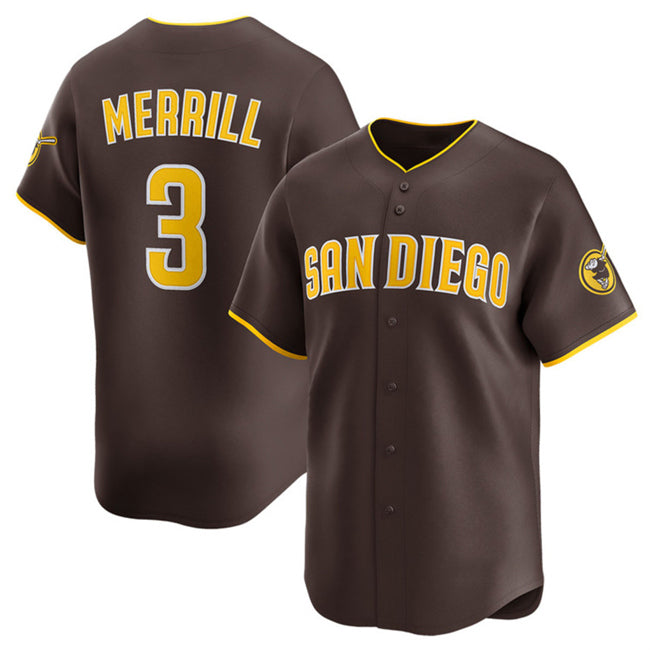 San Diego Padres #3 Jackson Merrill Brown Jermy 2024 Away Limited Stitched Jersey