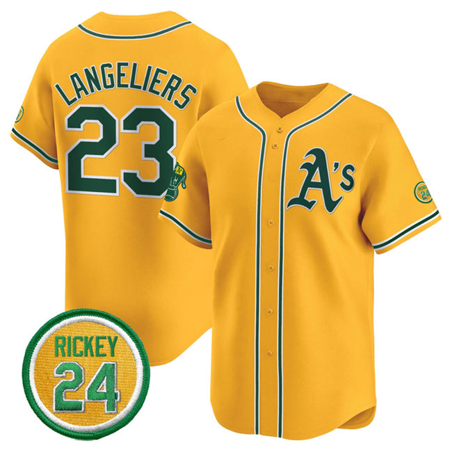 Oakland Athletics #23 Shea Langeliers Yellow Jermy 2024 Limited With Rickey Henderson Patch Stitched Jersey