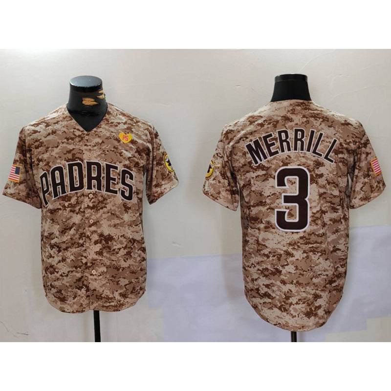San Diego Padres #3 Jackson Merrill Camo Jermy With PS Patch Cool Base Stitched Jersey