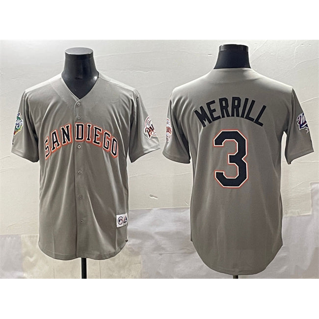 San Diego Padres #3 Jackson Merrill Gray Jermy Fashion Throwback With Patch Cool Base Stitched Jersey