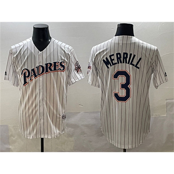 San Diego Padres #3 Jackson Merrill White Jermy Throwback With Patch Cool Base Stitched Jersey