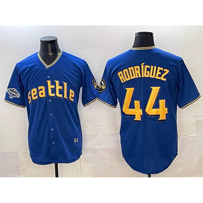 Seattle Mariners #44 Julio Rodr¨ªguez Royal Jermy With 2025 AL West Division Champions Patch City Connect Limited Stitched Jersey