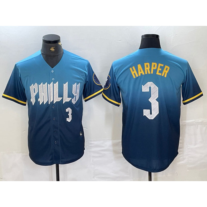 Philadelphia Phillies #3 Bryce Harper Number Blue Jermy 2024 City Connect Limited Stitched Jersey