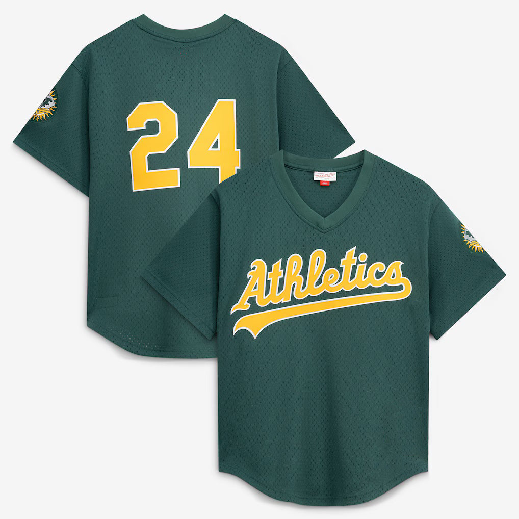Oakland Athletics #24 Rickey Henderson Mitchell & Ness Green Jermy Authentic Batting Practice Jersey