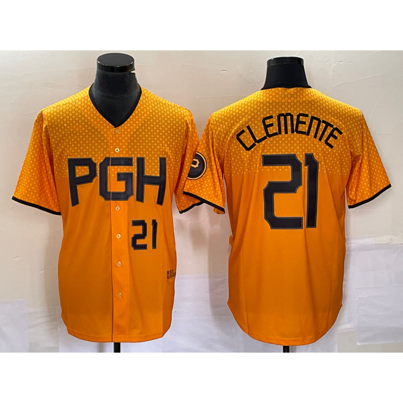 Pittsburgh Pirates #21 Roberto Clemente Number Gold Jermy 2023 City Connect Stitched Jersey 2