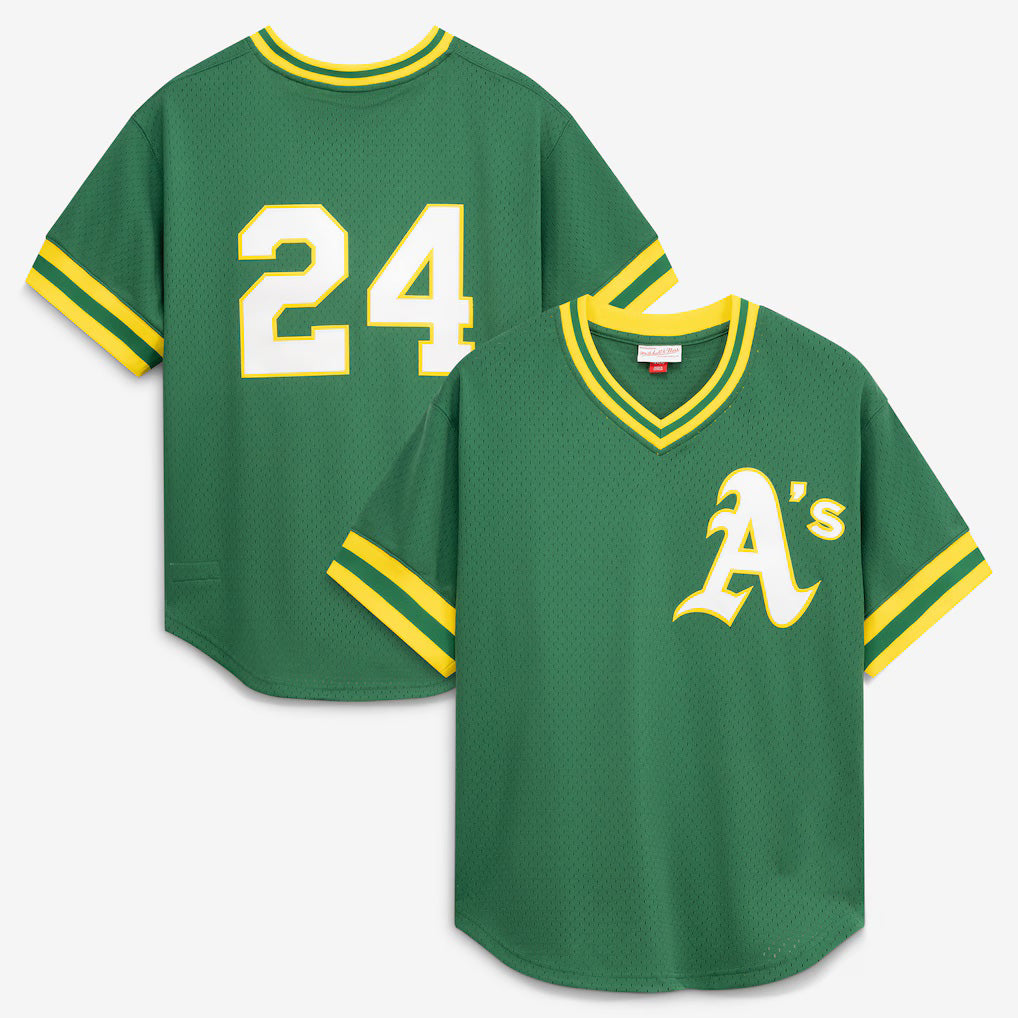 Oakland Athletics #24 Rickey Henderson Mitchell & Ness Green Jermy Authentic Batting Practice Jersey 2